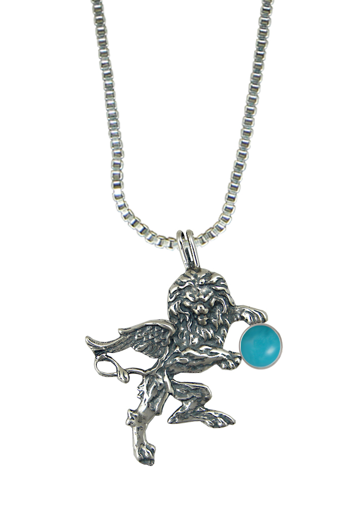 Sterling Silver Winged Lion of the Royal Court Pendant With Turquoise